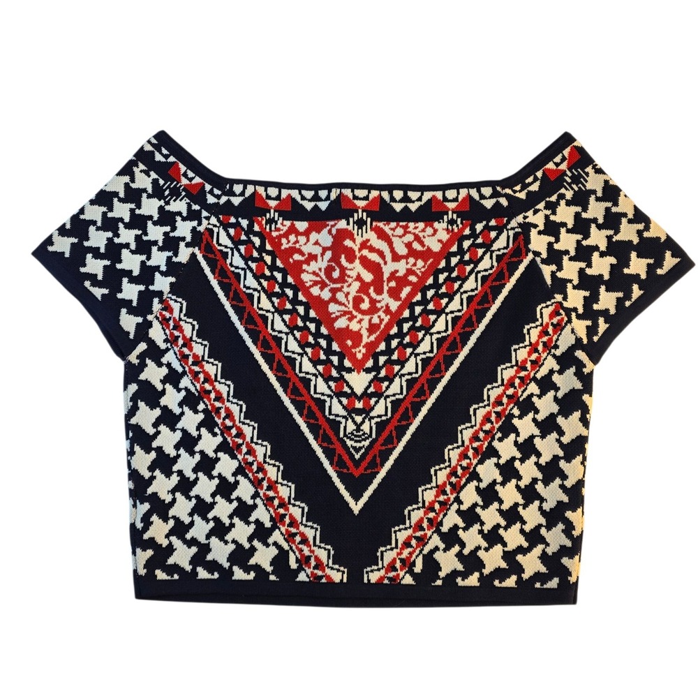 Jealous Tomato‎ Geometric Knit Stretch Cropped Top L Red Navy Short Sleeve